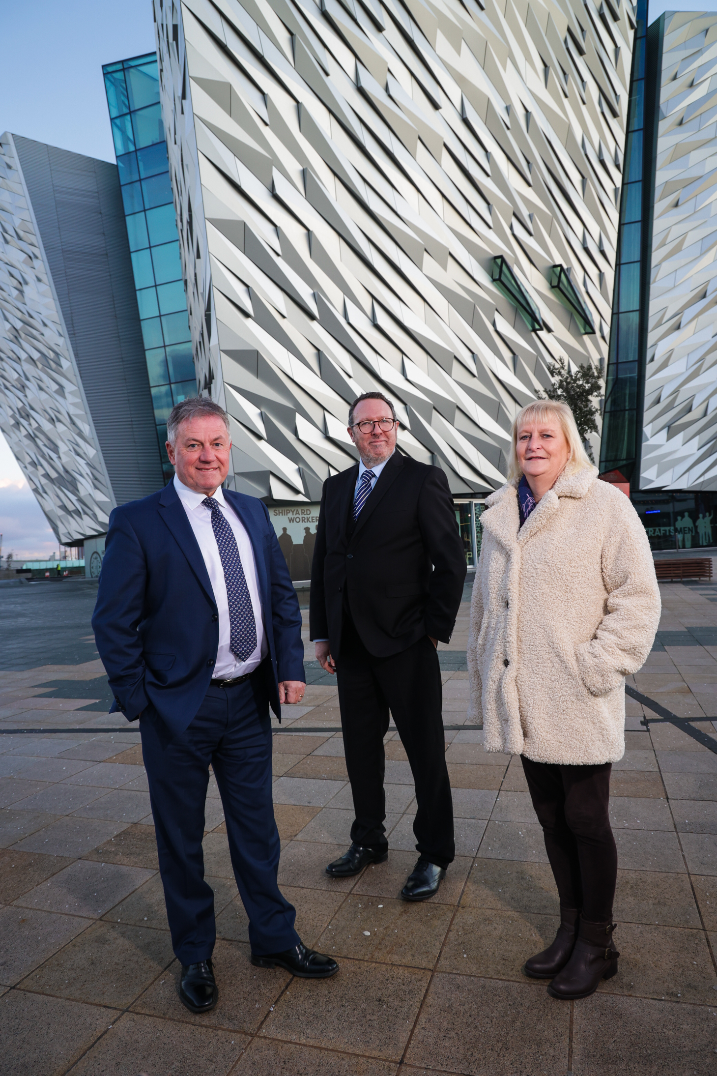 Photo of LRA Chair, Gordon Milligan, LRA Director Mark McAllister and Alison Millar at Titanic where the conference will be held on 23 February 2023